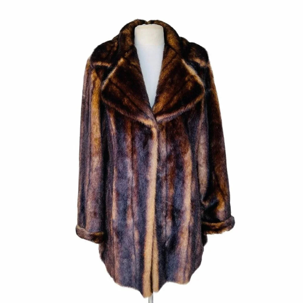 DENNIS BASSO Women’s Size M Brown Mink Long Sleeve Faux Fur Overcoat Jacket